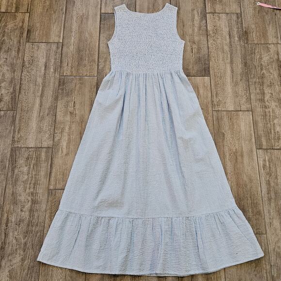 The Margot Dress Size M  Blue Seersucker Smocked Bodice Maxi Flutter Hem Pockets - Picture 8 of 12